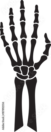 Minimalist black silhouette illustration of a human skeletal hand with forearm bones
