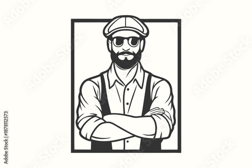 Confident bearded man with cap and sunglasses poses within simple black rectangular frame design