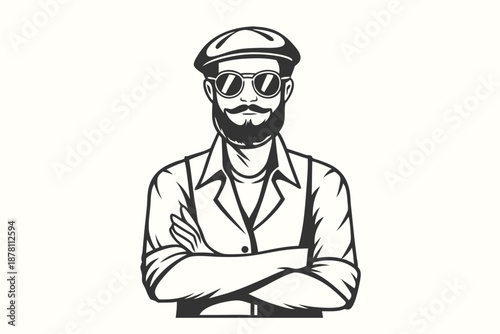 Confident bearded man with cap and sunglasses stands with crossed arms in monochrome
