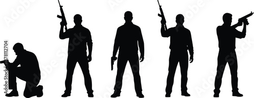Armed soldier silhouettes set with rifles and tactical poses, military and security force outline illustration for defense concepts, action scenes, training, and strategic design projects