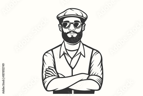 Confident man wearing sunglasses and a cap crosses his arms in a image