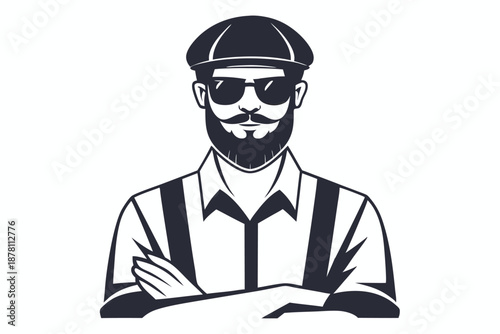 Confident man wearing sunglasses and a hat stands with folded arms looking cool and stylish
