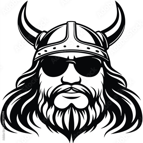 Confident Viking warrior in sunglasses with a horned helmet stares forward intensely in black and white