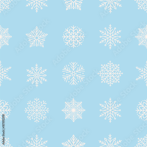 Seamless pattern with cute minimalist snowflakes. Gentle winter holiday design for Christmas, New Year. Perfect for banner, wallpaper, wrapping paper, background, card, poster. Vector illustration