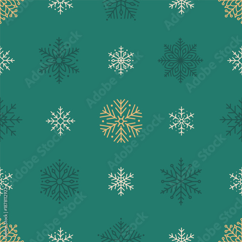 Seamless pattern with cute minimalist snowflakes. Gentle winter holiday design for Christmas, New Year. Perfect for banner, wallpaper, wrapping paper, background, card, poster. Vector illustration