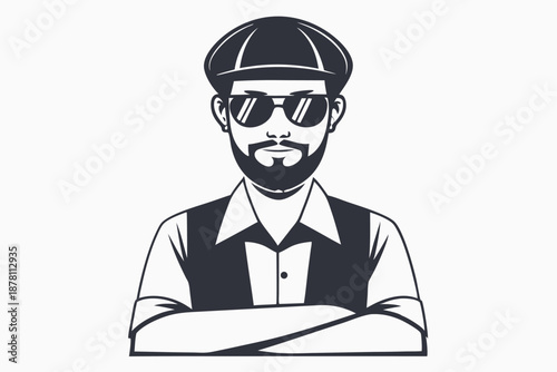 Confident, stylish man with dark sunglasses and a newsboy cap crosses his arms