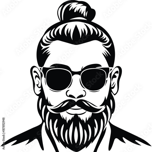 Cool bearded man bun avatar with sunglasses looks stylish and confident in black style