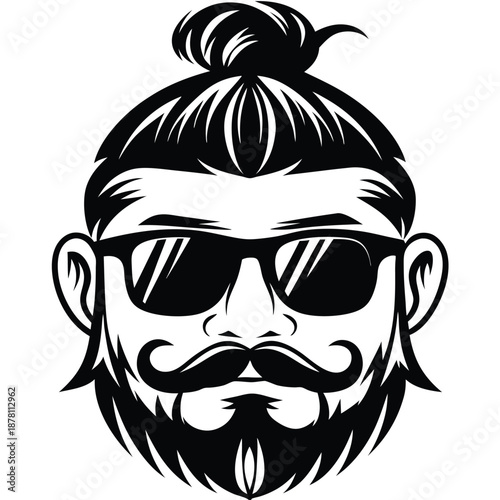 Cool bearded man with a hair bun and sunglasses shows off his style