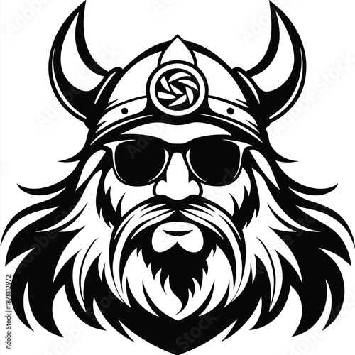 Cool bearded Viking warrior with sunglasses wears horned helmet in bold monochrome style