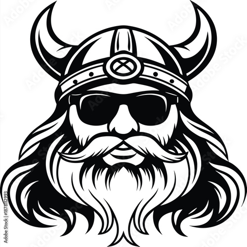 Cool blackandwhite Viking portrait wearing sunglasses has a horned helmet and a flowing beard