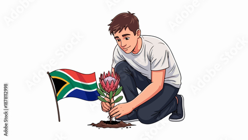Man planting South African national flower protea next to flag. Vector illustration of patriotism and heritage. Cartoon style graphic isolated on white background