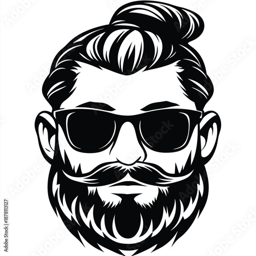 Detailed monochrome shows a man with a topknot, sunglasses, mustache and beard