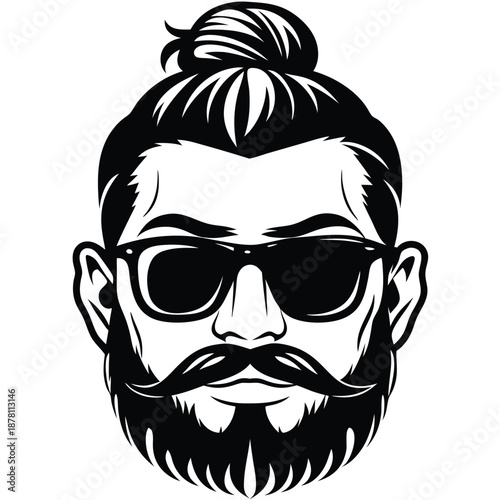 Detailed sketch shows cool man bun hairstyle wearing sunglasses and a stylish beard