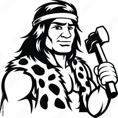 Determined caveman with headband holding a hammer looks ready for primitive labor in vector