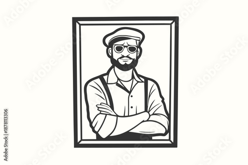 Framed portrait shows a confident bearded man wearing a cap and glasses with folded arms