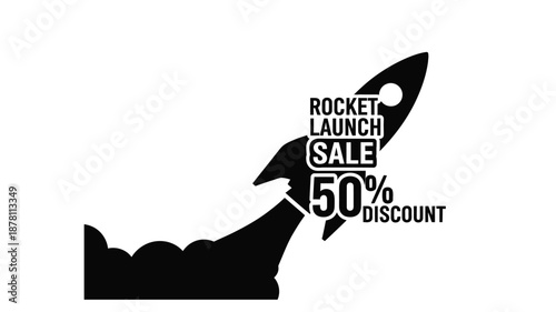 Rocket launch sale graphic with fifty percent discount offer promotional marketing design