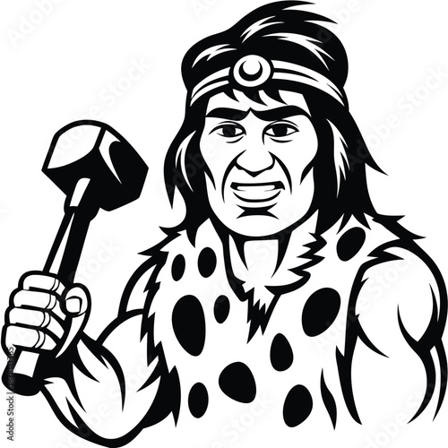 Grinning tribal man wearing furs confidently brandishes his hammer towards the viewer's perspective