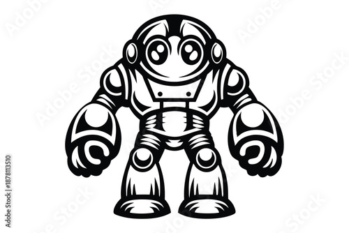 Illustrated robot has bulky arms and legs standing with bold outline against white