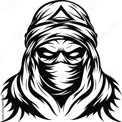 illustration of a hooded man with a mask and an angry expression
