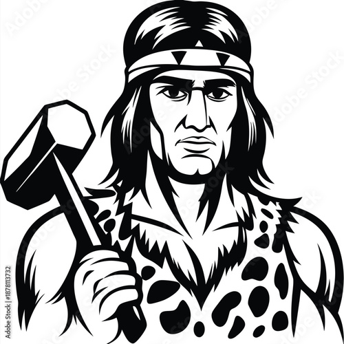 Indigenous man wielding stone hammer, wearing animal pelt and a headband, appears stern and ready