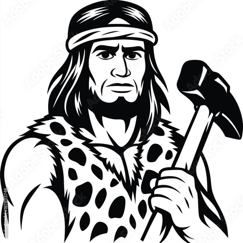 Intense caveman wearing animal skin holds hammer, showcasing primitive strength in monochrome art