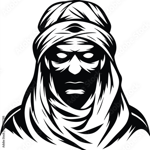 Intense gaze of stylized Arab man with traditional headwear is presented in solid black