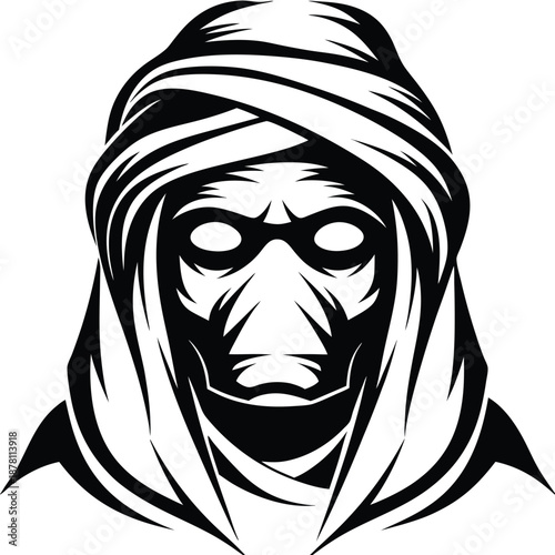 Intricate black and white sketch shows a mysterious man wearing a turbanstyle head covering