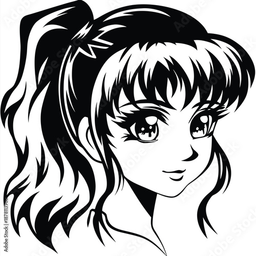 Isolated anime styled girl has dark hair put up in a ponytail vector
