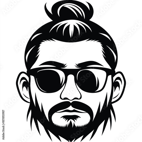 Isolated bearded man with sunglasses and hair bun in black silhouette shows style