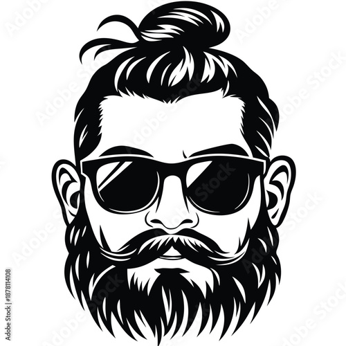 Isolated illustration showcases a stylish man's face with a beard, mustache and cool sunglasses