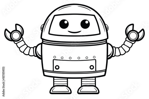 Isolated monochrome displays a detailed black robot standing on a white backdrop
