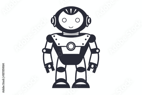 Isolated monochrome shows a smiling robot with simple features standing on a white backdrop