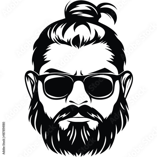 Isolated portrait depicts a bearded man sporting sunglasses and a fashionable top knot hairstyle