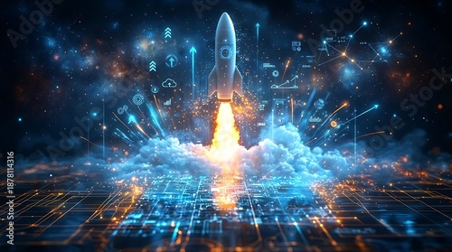 Futuristic Rocket Launching from Digital Grid with Glowing Data Streams and Cloud Elements - Space Exploration Technology