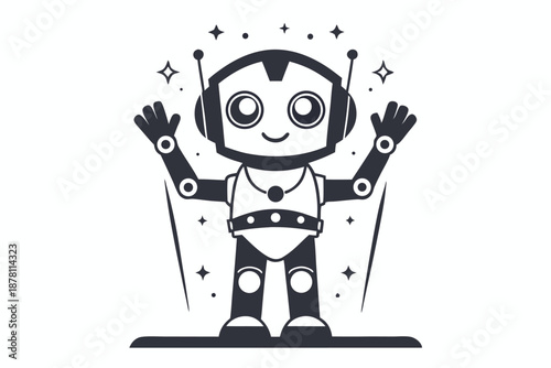 Joyful black cartoon robot happily waves, with gleaming stars sparkling around it
