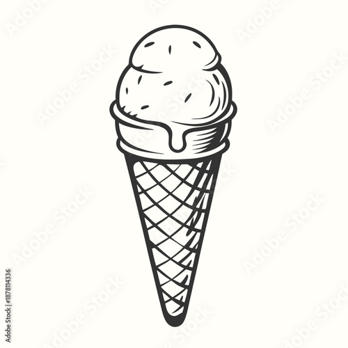 Line drawing showcases delicious ice cream scoop melting on a waffle cone for summertime treat