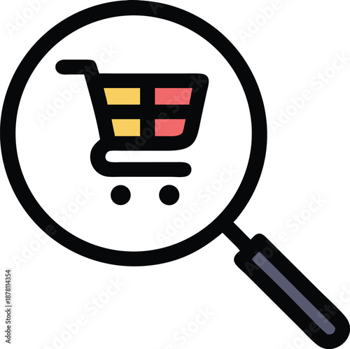Magnifying glass reveals a shopping cart with yellow and red compartments inside