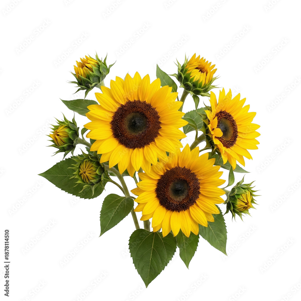 Fototapeta premium Bright yellow sunflower bouquet with fresh open blooms and green leaves. A vibrant symbol of summer happiness and energy.
