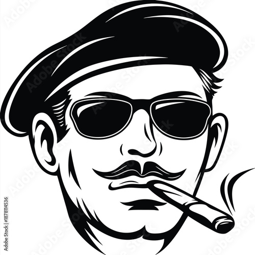 Man with beret and sunglasses confidently smokes a cigar in black and white