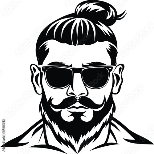 Man with mustache and topknot looks cool wearing sunglasses in a stylish black artwork