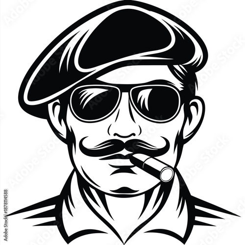 man with mustache wearing beret and sunglasses smokes cigar