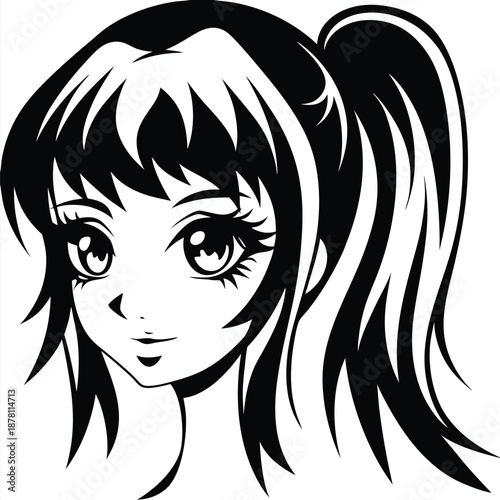 Manga girl's head smiles with big eyes and black hair in a ponytail style
