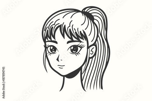 Manga style Asian girl has her hair in a high ponytail with bangs