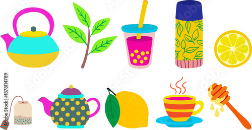tea time vector elements set with teapot cups lemon honey and bubble tea isolated on white for cafe menu and stickers design
