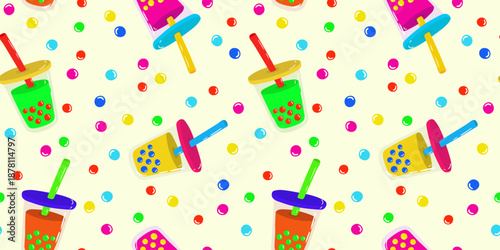 seamless bubble tea pattern with colorful fruit drinks boba pearls and straws on light background for fabric and wallpaper