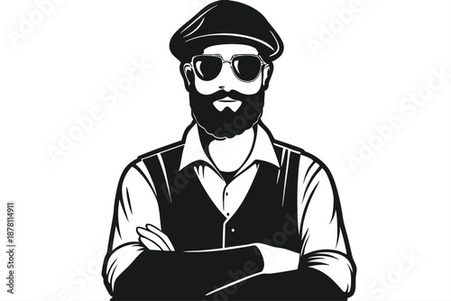 Monochrome bearded man with sunglasses stands confidently, his arms crossed, wearing a cap