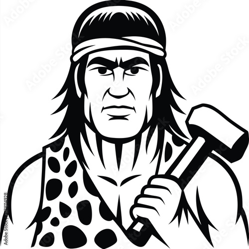 Monochrome caveman character holds a hammer, wearing a spotted vest and a headband