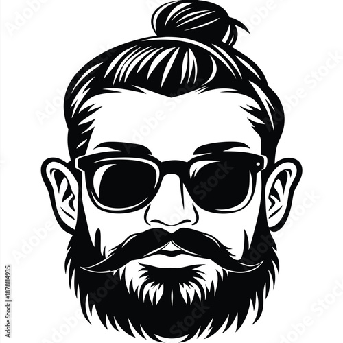 Monochromatic showcases a hipster man's face with a stylish bun, beard and glasses