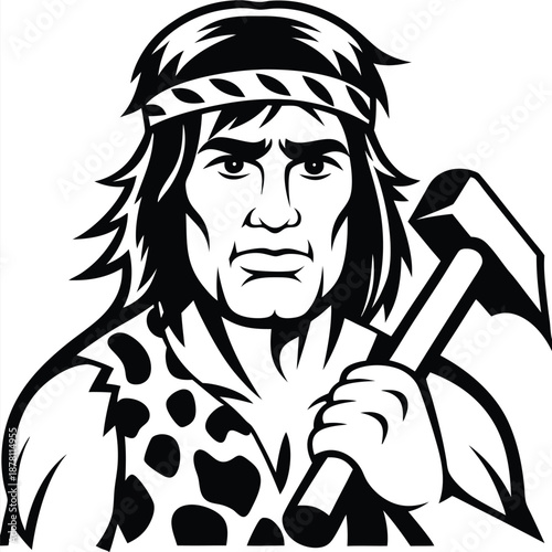 Monochrome caveman holding a hammer, wearing a spotted animal skin, and leaf band is shown