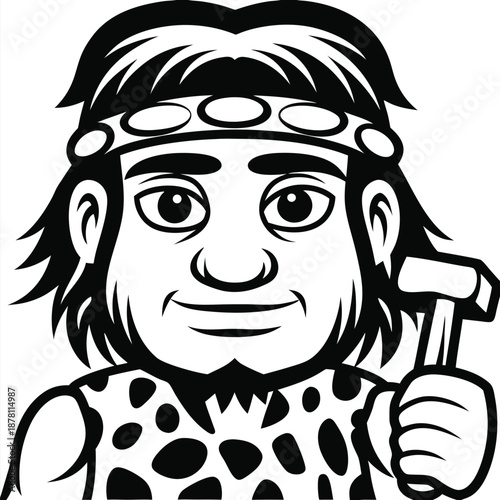 Monochrome caveman wearing an animalprint garment holds a hammer, showcasing a simple yet strong cartoon portrait